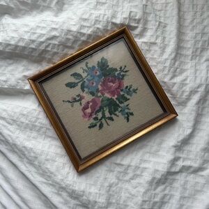 Floral Embroidery Wall Art with Gold Frame